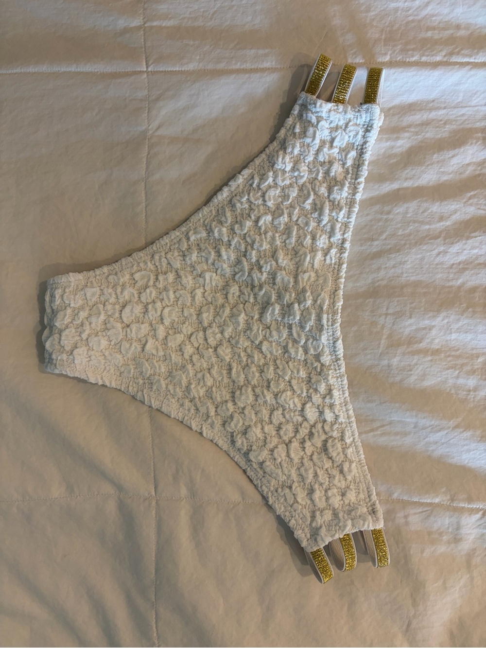 White Textured women’s Bikini Bottom with Gold Accent Straps - Picture 6 of 8